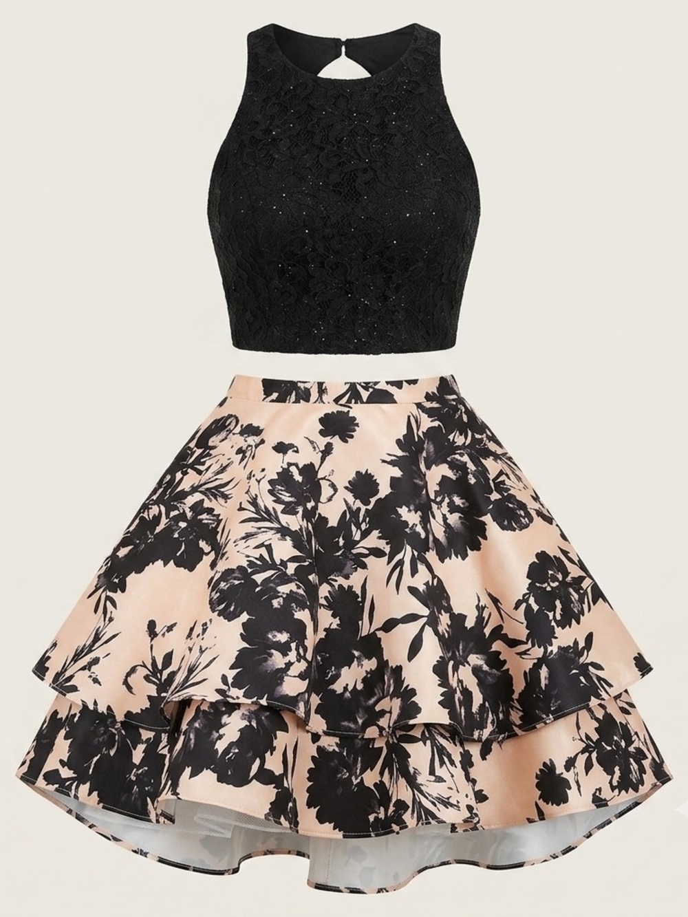City Triangles Black Lace Crop Top with Blush Floral Tiered Skirt Set